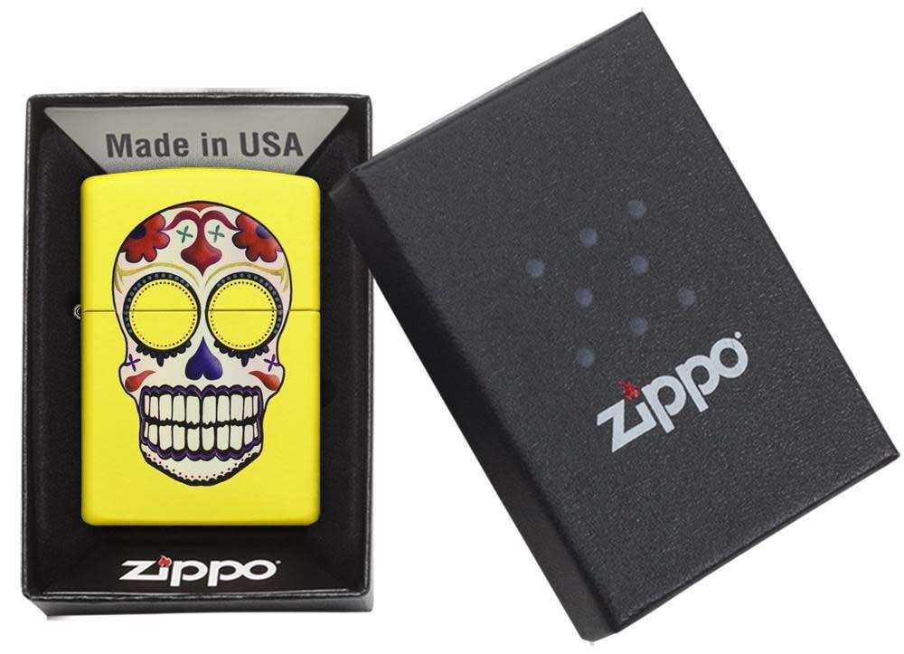 Front view of the Day of the Dead, Neon Yellow Lighter in one box packaging